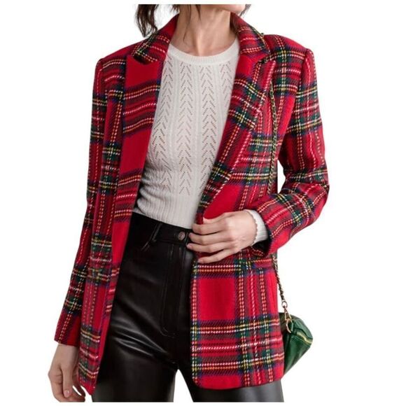 English Factory Tartan Plaid Long Sleeve Single Button Blazer Red Women's SZ S - Picture 1 of 13